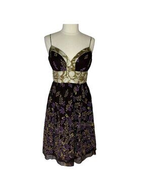 Oleg Cassini OC Silk Party Cocktail Dress Size 10 Brown Purple Gold Sleeveless